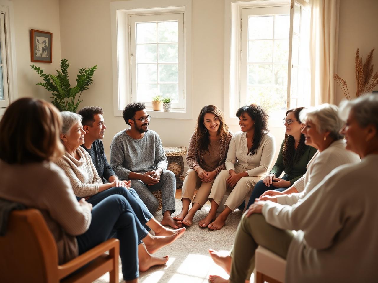 A warm support circle of diverse adults gathered together