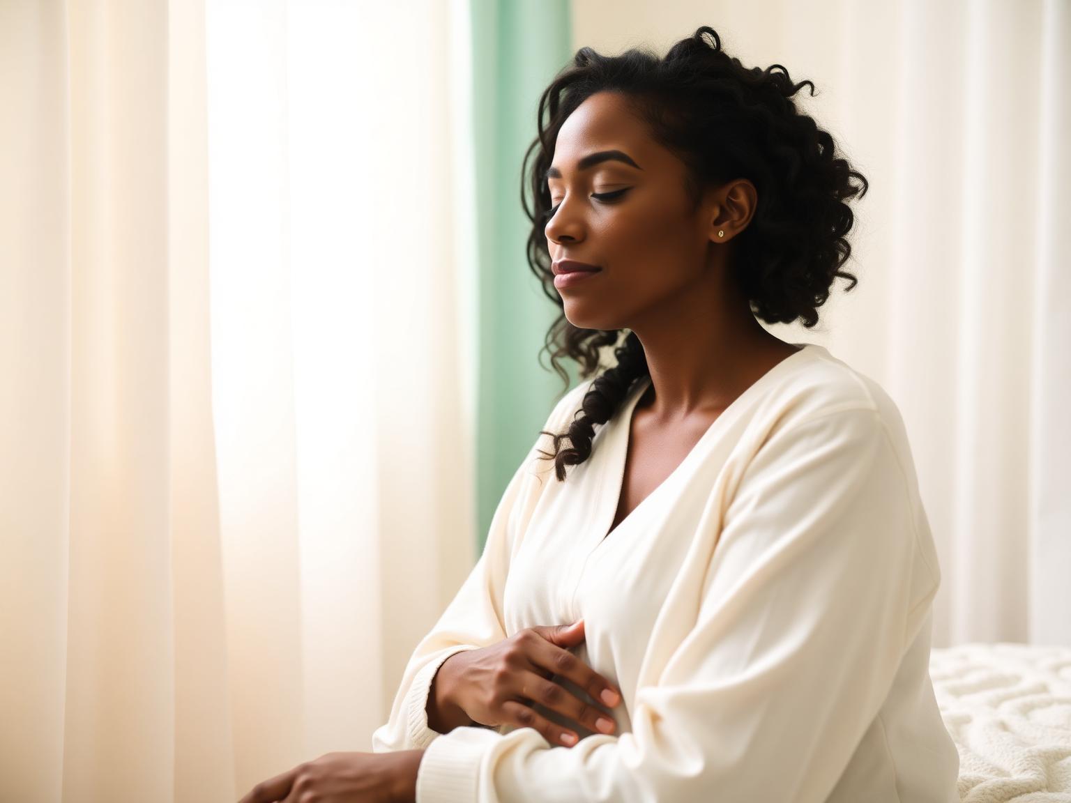 A woman in soft window light, finding a moment of calm