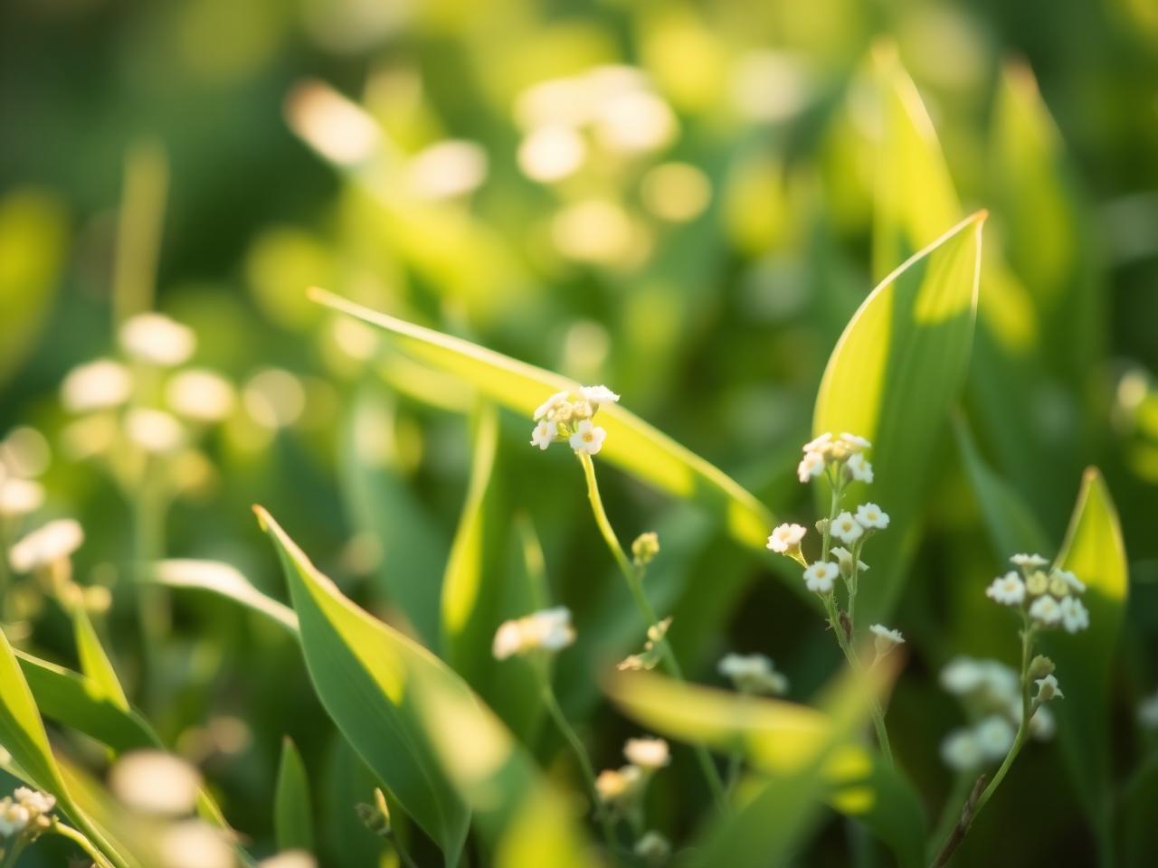 Soft green leaves and small white flowers in morning light